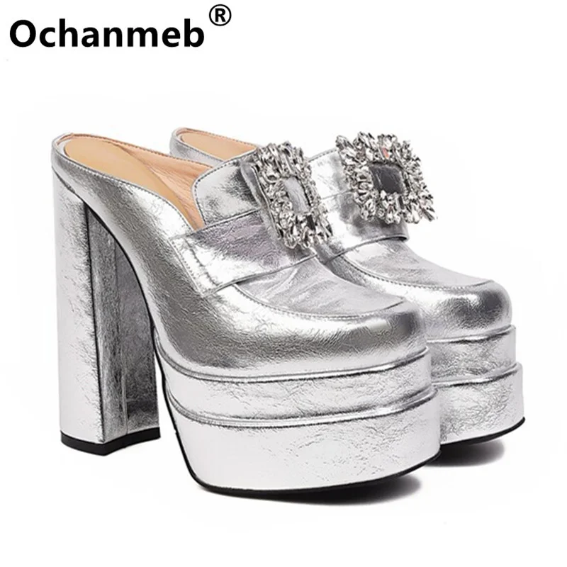 

LeShion Of Chanmeb Chic Trendy Chunky Platform Women Mules Silver High Heels Goth Pumps Crystal Rhinestone Runway Party Shoes 43