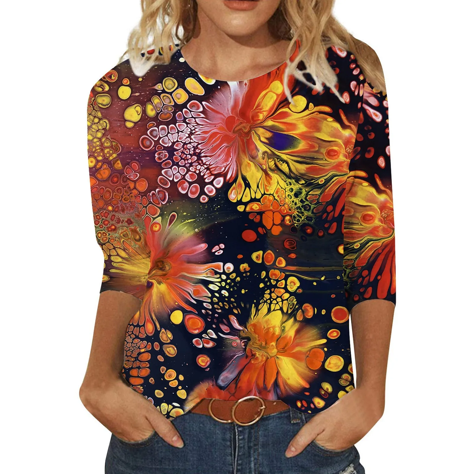 

Womens 3 Of 4 Sleeve Crew Neck Floral Petal Printed Shirts Top Casual Loose Wrinkle Shirts Womens Holiday Turtleneck Long Sleeve