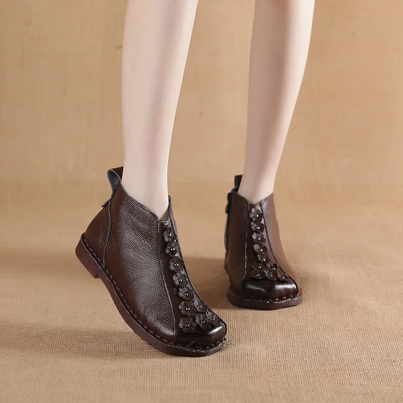 New High-end Winter Boot Shoes Warm Plush Ankle Boots Mother Female Genuine Leather Retro Casual Autumn Flower Shoes