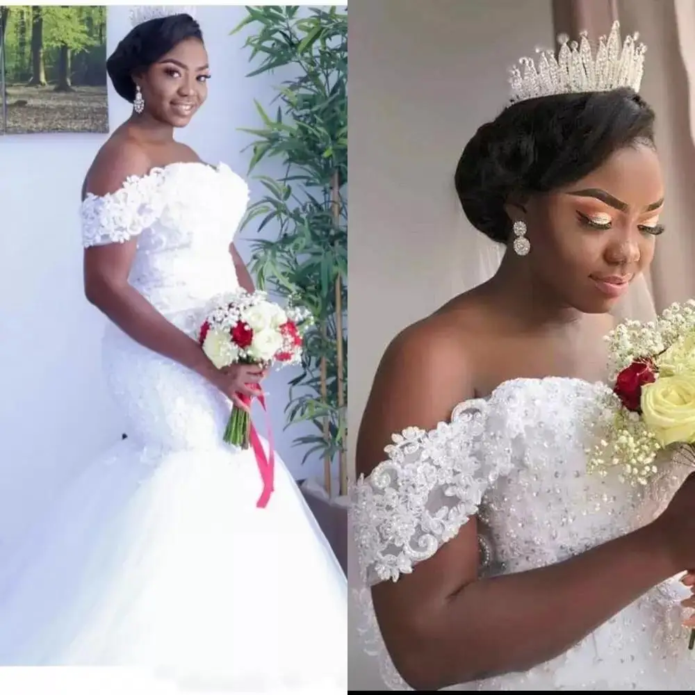 

Недорогие Африканские свадебные платья-русалки с открытыми плечами, искусственный жемчуг, искусственная нить, тюль со шлейфом, официальное...