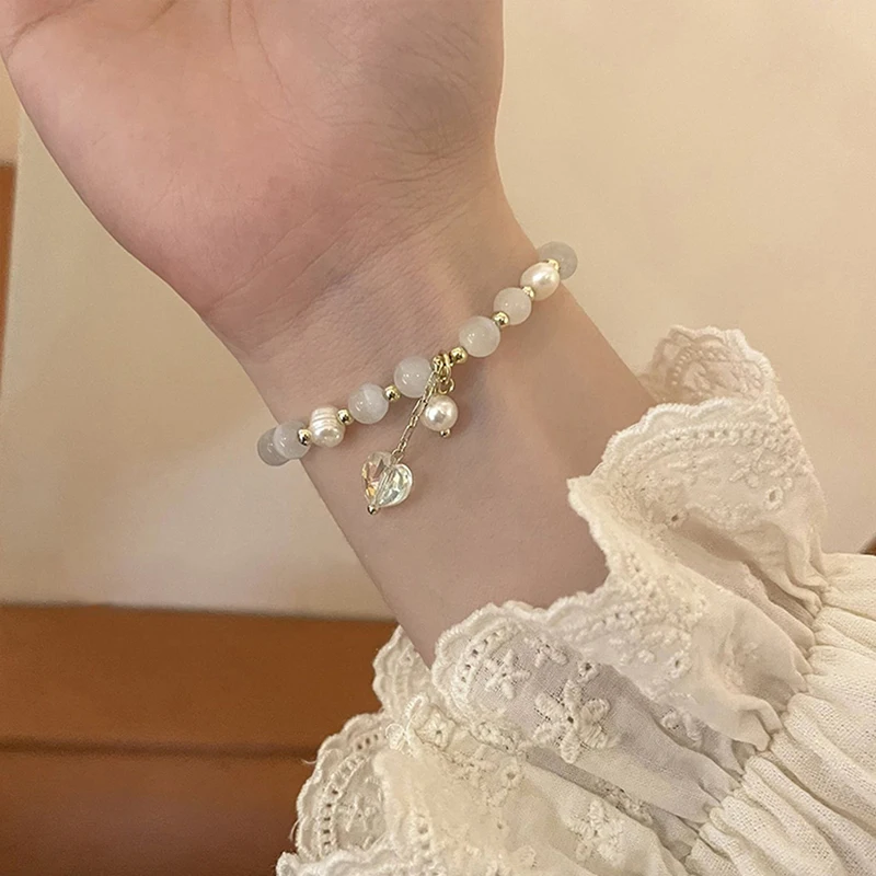 

2022 New Cat Eye Stone Heart-shaped pendant Pearl Crystal Bracelets for women Jewelry Accessories Wedding Party Luxury gift