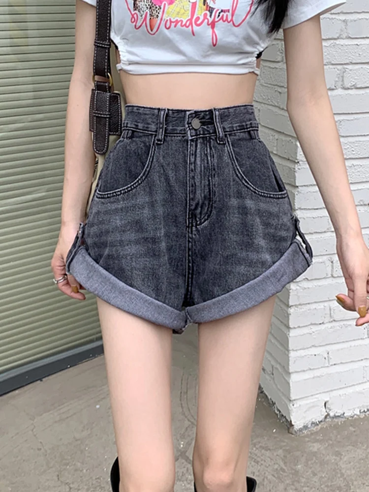 New Spring Summer Women High Waist Wide Leg Blue Denim Shorts Streetwear Female Loose Retro Jeans Shorts Bottoms