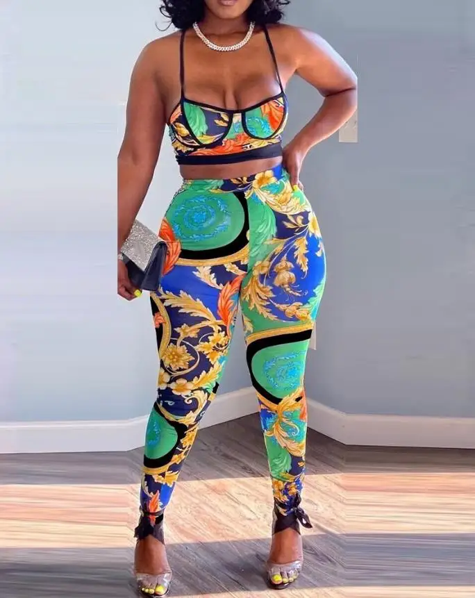 

Two Piece Set Women Outfits Vintage Baroque Print Low Cut Sleeveless Crop Top & Skinny Long Pants Set 2022 Summer Latest Fashion