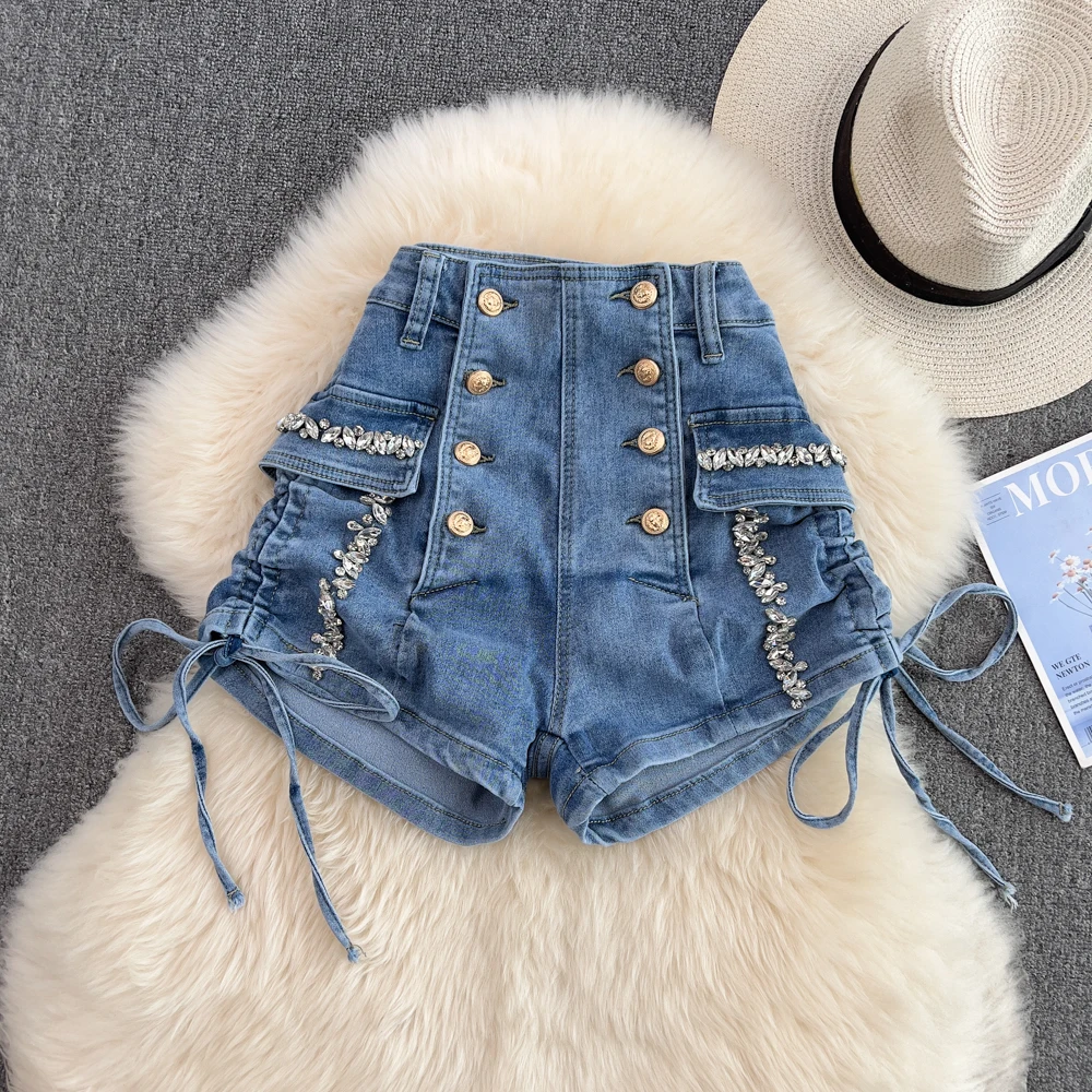 

VANOVICH Double-breasted Fashion Solid Color Denim Pants 2022 Summer New High-waisted Shirring Wide-leg Shorts A-line Hot Pants