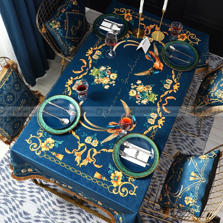 

Rococo Tablecloth Blue Table Cover Retro Style Velvet Table Cloth