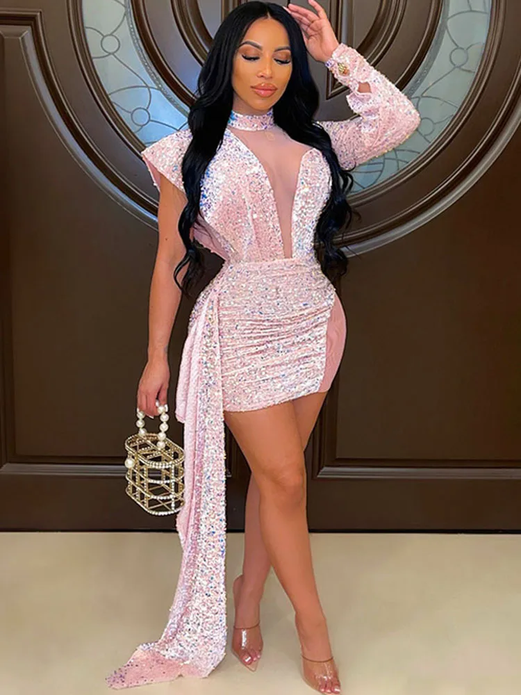 

Sexy One Shoulder Party Short Prom Tassel Sequin Mesh Dress See Through Wedding And Evening Gowns For Women Club Mini Dresses