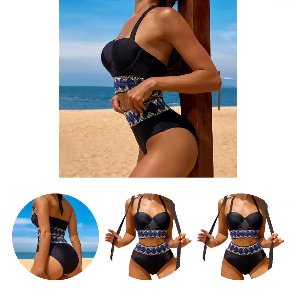 

Популярный пляжный комплект бикини с лямкой на шее, облегающий бюстгальтер, трусы, комплект бикини, купальник пуш-ап с высокой талией