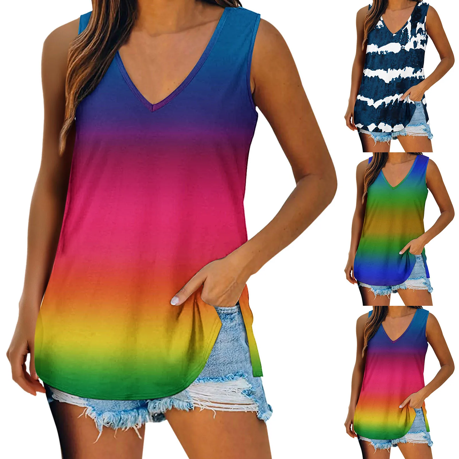 

Топ женский рваный с градиентным переходом цвета, повседневный жилет с V-образным вырезом и принтом в полоску, майка без рукавов, топ с перек...