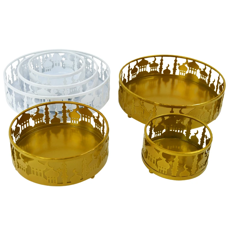 3pcs Eid Metal Storage Tray Ramadan Round White Gold Candy Snack Biscuit Muslim Islamic Party Decoration Supplies |