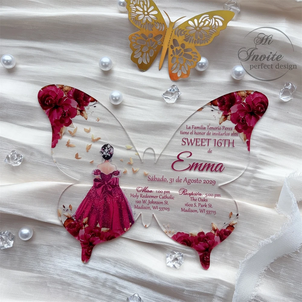 Фото Бордовое акриловое приглашение в виде бабочки Quinceañera с принцессой, необычное акриловое приглашение на день рождения для сладости 15. №1