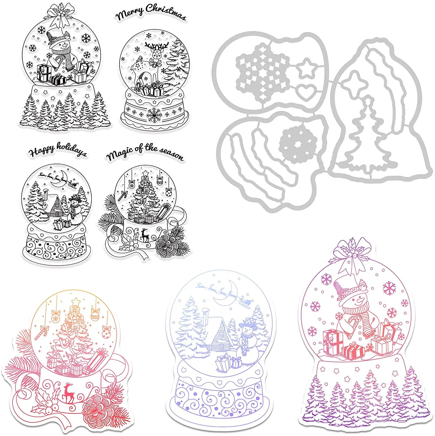

2 PCS /Set Christmas Crystal Ball Cutting Dies and Silicone Clear Stamps Set with Snowman Reindeer Tree Shape