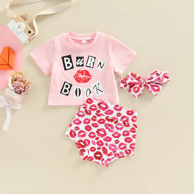 

Infant Valentine's Day Outfits Lips Printed Casual Sweet Short Sleeve Tops + Shorts + Headband Newborn Baby Girls 3 Pieces