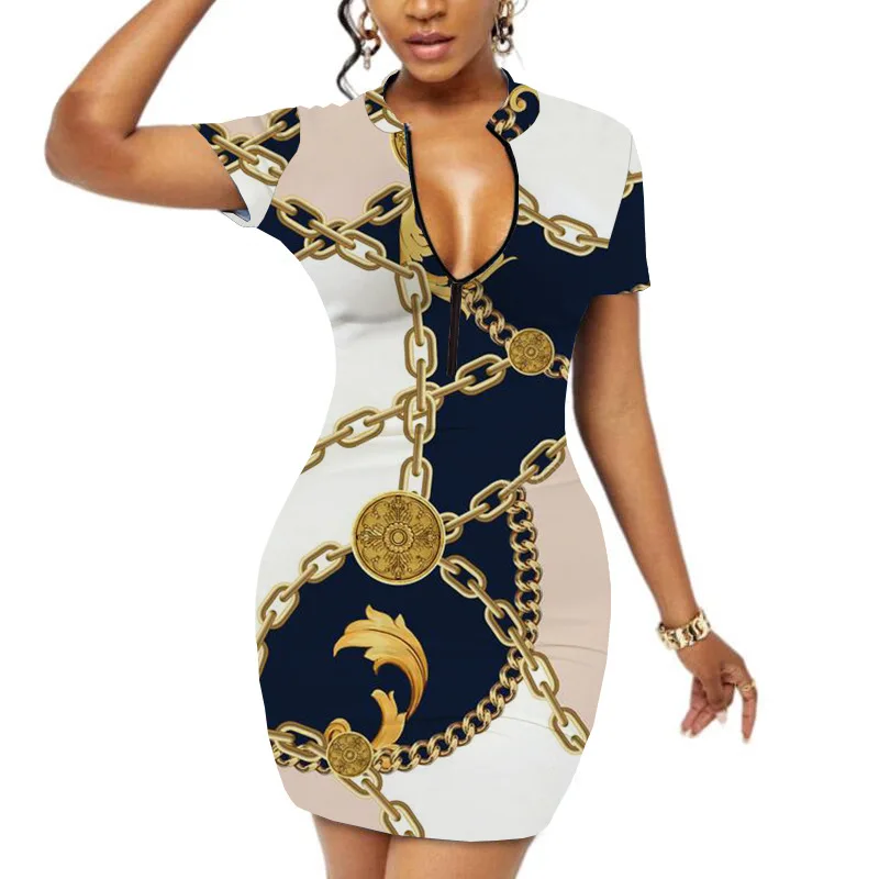 

Women Chain Print Bodycon Hip Wrap Sexy Mini Dress Zipper Turn-down Neck Short Sleeve Fashion Female Pencil Dresses New Summer