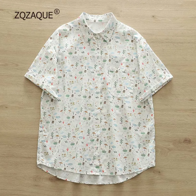 Летние новые хлопковые топы с мультяшным принтом зонтика Удобная рубашка