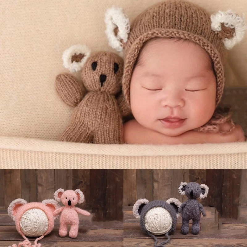 Dvotinst Newborn Baby Photography Props Knit Cute Koala Hat Doll Outfits Set Fotografia Accessories Studio Shooting Photo Props