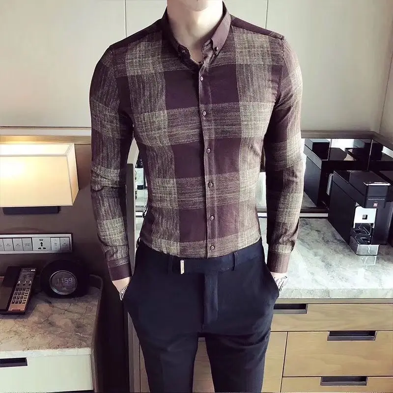 Fashion Printed Lapel Button Plaid Shirt Men's Clothing 2022 Autumn New Oversized Loose Casual Tops All-match Korean ShirtS