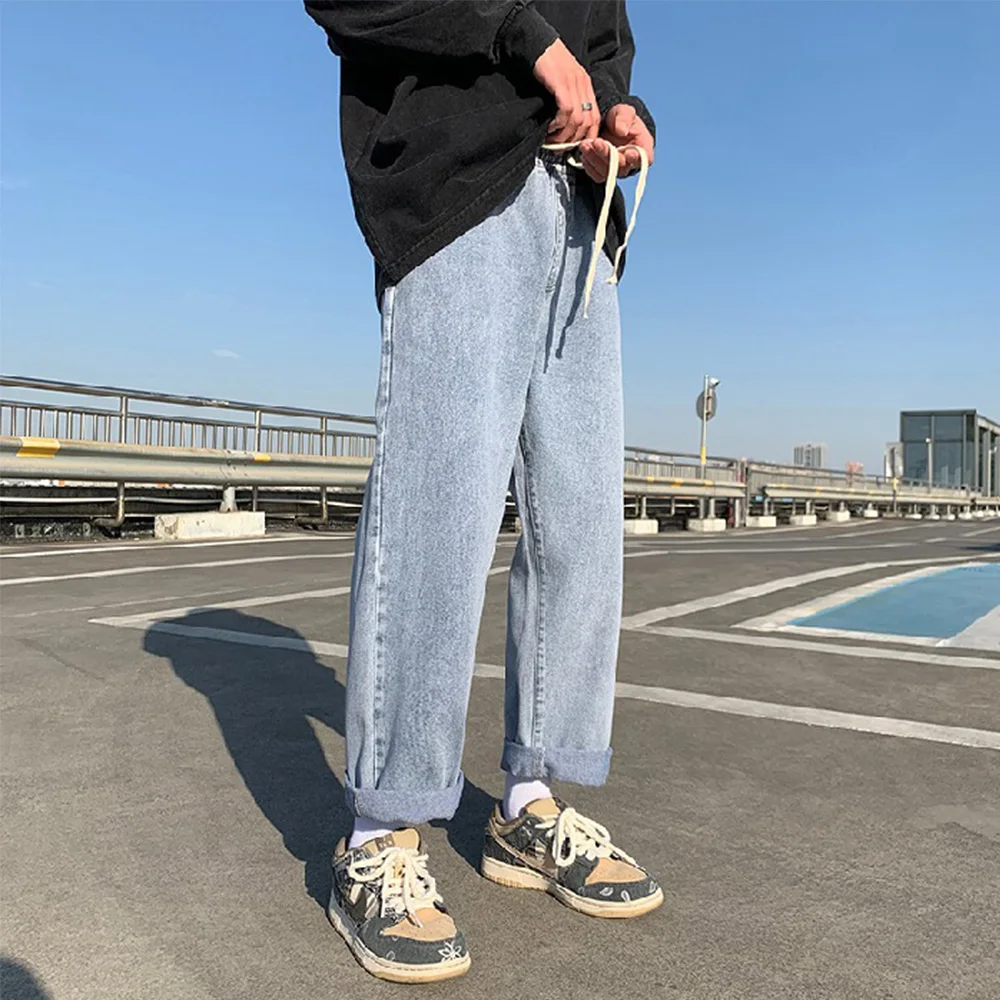 Drawstring Denim Jeans for Men Elastic Waist Pants Solid Loose Straight Fit Japanese Boys Trousers Street Wear Fashion Summer