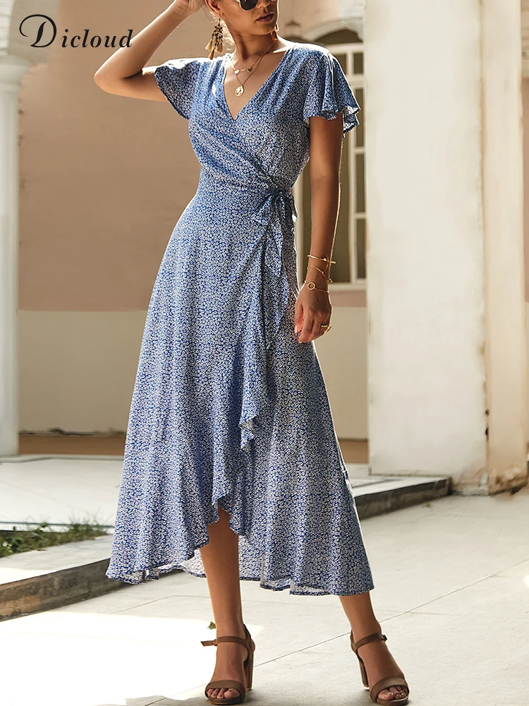 

DICLOUD Elegant Floral Print V-neck Dress Women Short Sleeve Slit Irregular Midi Dresses Female Clothes Streetwear Daily Party