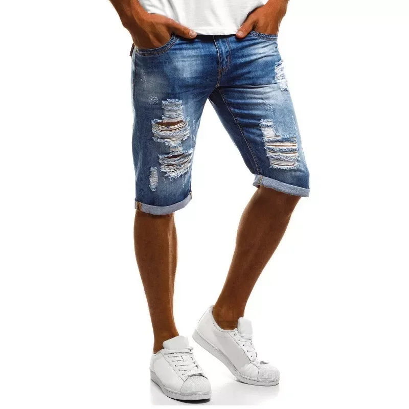 

NEW IN Summer Ripped Cargo Shorts Men Blue Denim Skinny Jogger Military Cargo Shorts Men Casual Loose Distressed Men Shorts