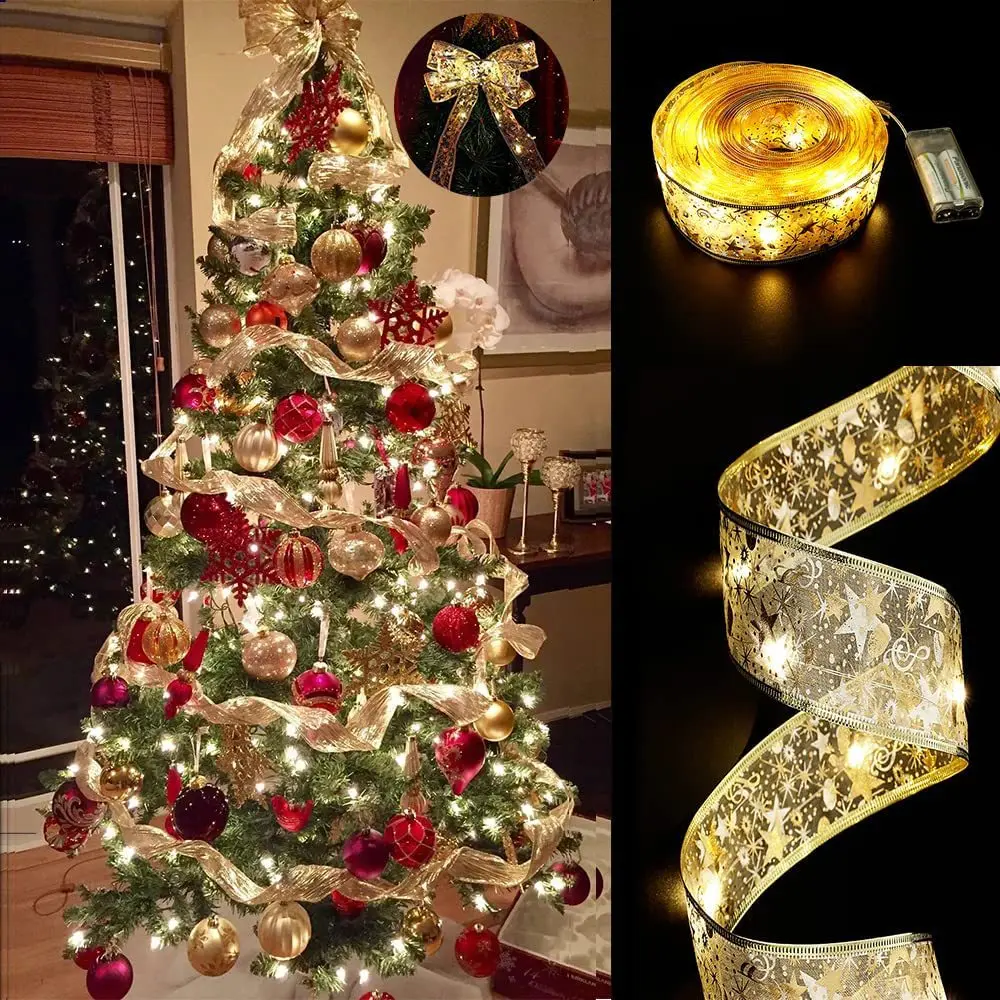 

Christmas Ribbon Led Lighting Chain Christmas Decorations Christmas Tree Decoration Pendant Gift Gilding Double-layer Ribbon