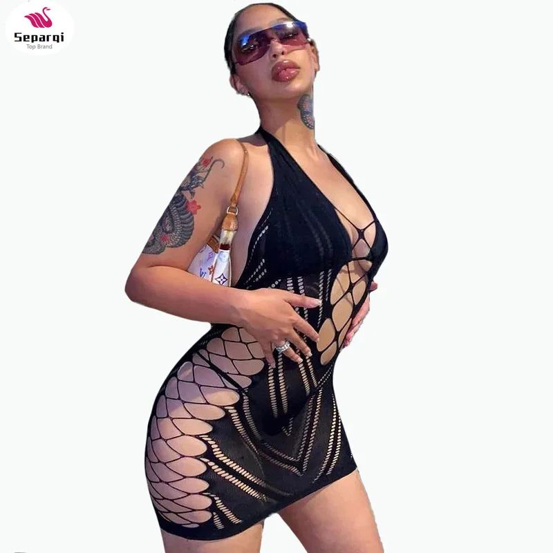 

SPARQI Solid Halter Sleeveless Backless Mesh Hollow Out Mini Dress 2022 Summer Fall Bodycon Sexy Party Club Elegant Y2K