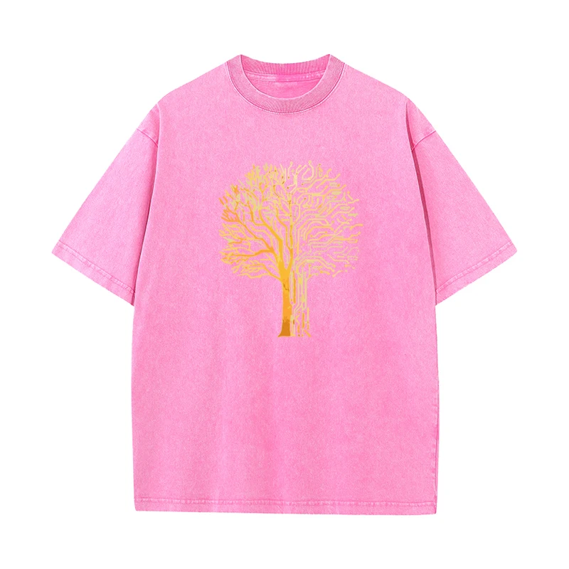 O Neck Gold Pine 100% Cotton Mens Washed Retro T Shirts Funny Short Sleeve Tops Tees Normal Shirt