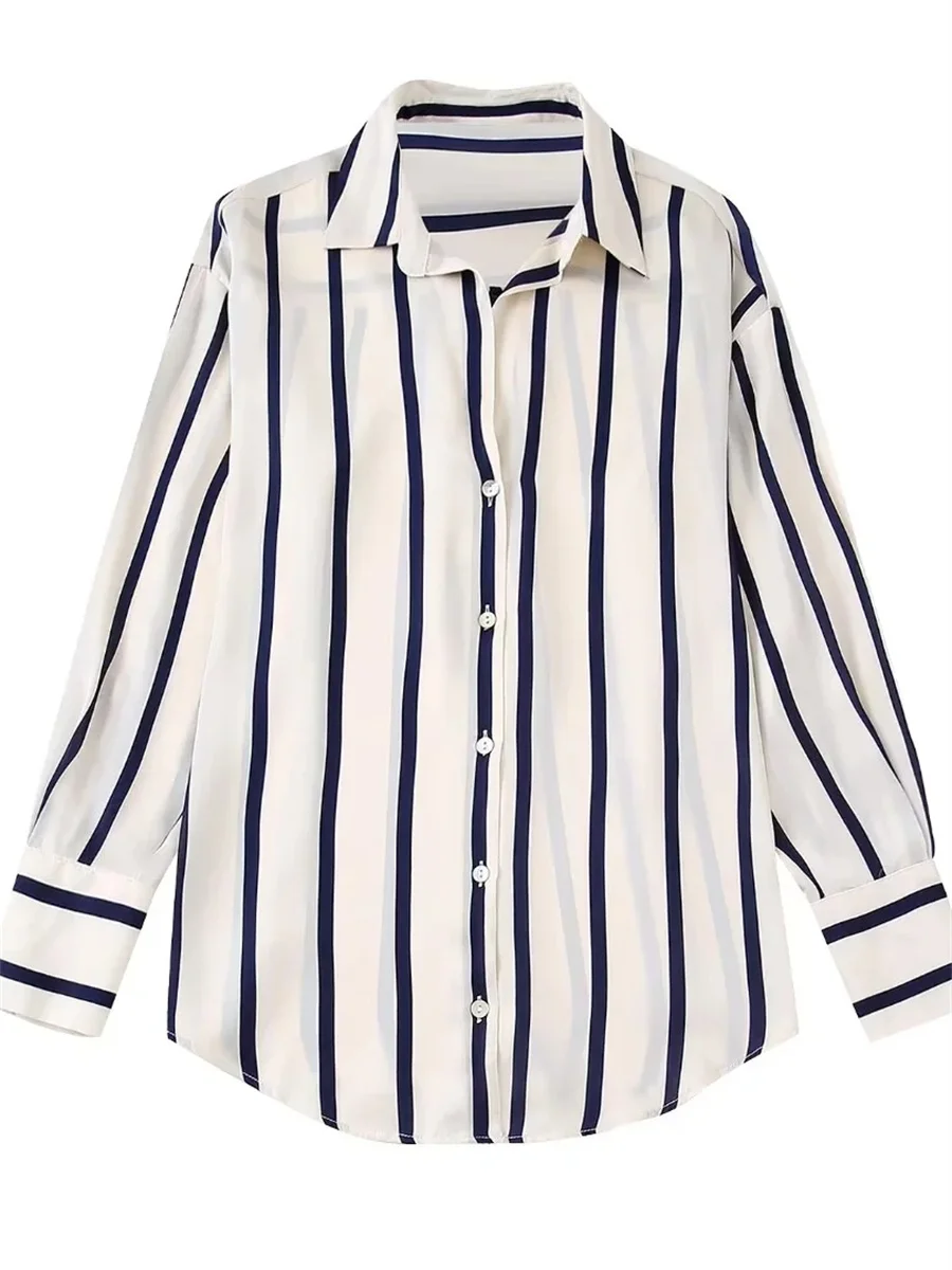 

Женская атласная рубашка в черно-белую полоску, длинная свободная однобортная рубашка с длинным рукавом, повседневный женский топ, новинка ...