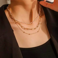 trendy retro style new jewelry street shooting multi layered collarbone chain super fairy temperament imitation pearl necklace