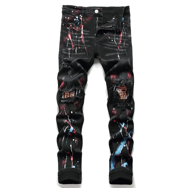 

Spring Autumn Brand Men's Jeans Ripped Spray-Painted Black Stretch Pants Hot Drill High Street Casual Pants Hip-hop Clothing