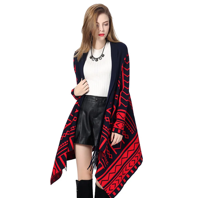 

2022 SuperAen Print Cloak Shawl Sweater Loose Medium and Long Sleeved Knitted Cardigan Coat Women's Autumn Winter Open Stitchnew