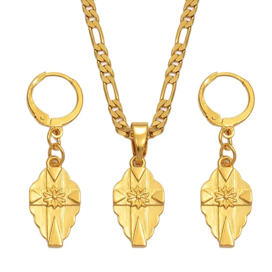 Набор женских серег и ожерелий с маленьким крестом Anniyo золотистого цвета