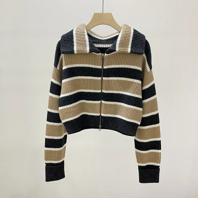 

Color Block Striped Lapel Zipper Cardigan Short Cashmere Knitted Jacket for Women 2023 New