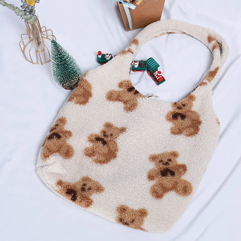 Autumn Winter Cute Plush bear bag female imitation lamb large capacity student single shoulder vest bag Casunal Storage handbag