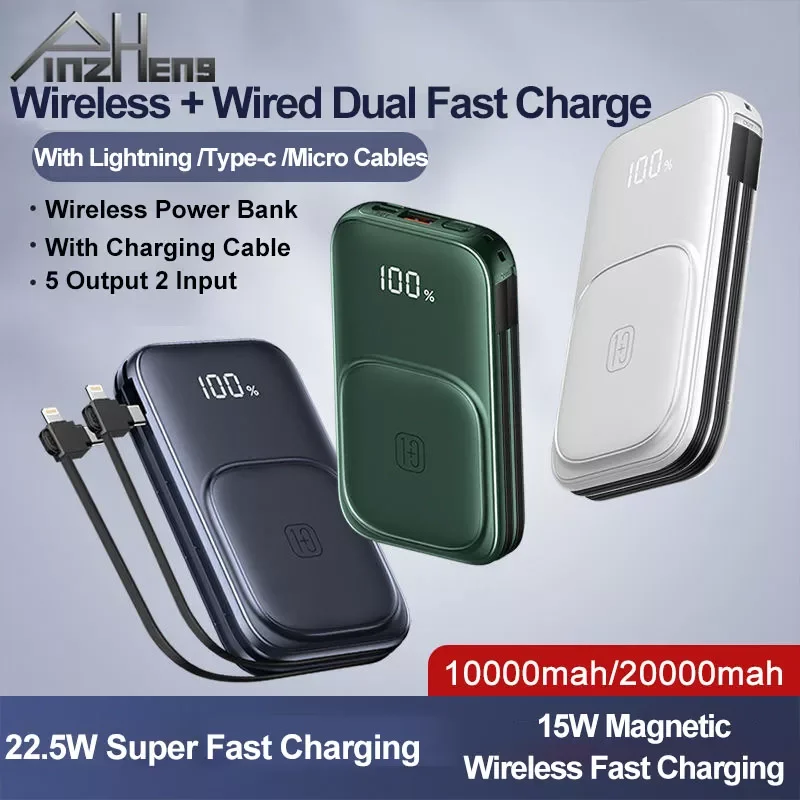 20000mAh 15W Wireless Charger Power Bank 22.5W Fast Charge Powerbank Portable External Battery For iPhone With Cable