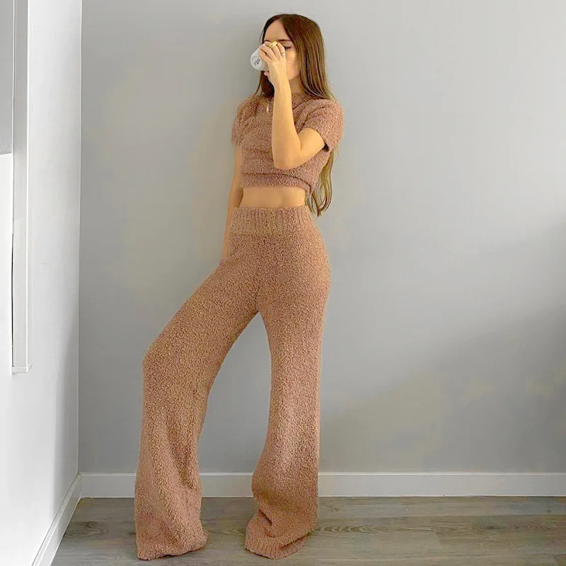 Модные флисовые пушистые уютные комплекты из 2 предметов женский сексуальный