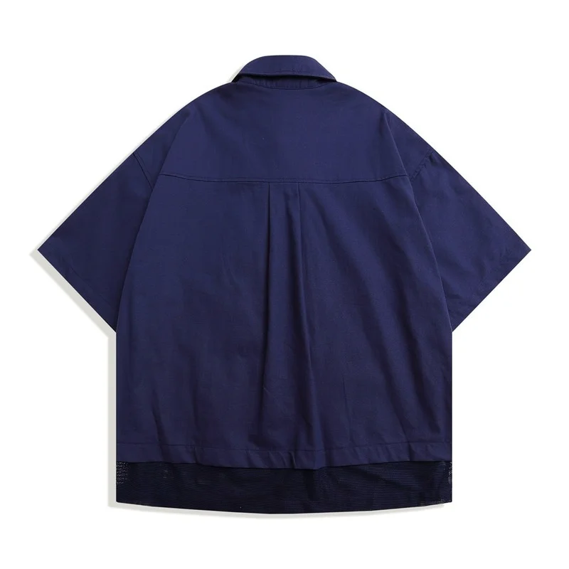Men Shirt Workwear Men Vintage Japanese Solid Loose Cardigan Shirt Summer Short Sleeve Turn-down Collar Fake Two Pieces Shirts