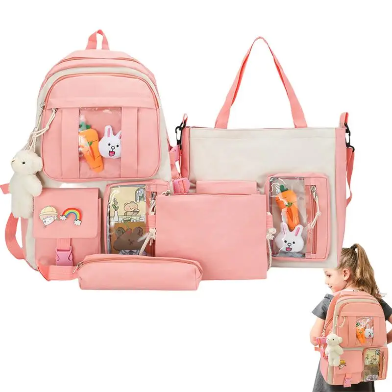 

Girls School Backpack 4 Pcs Canvas School Backpack Combo Set Large Capacity Schoolbag With Kawaii Pin And Accessories Student
