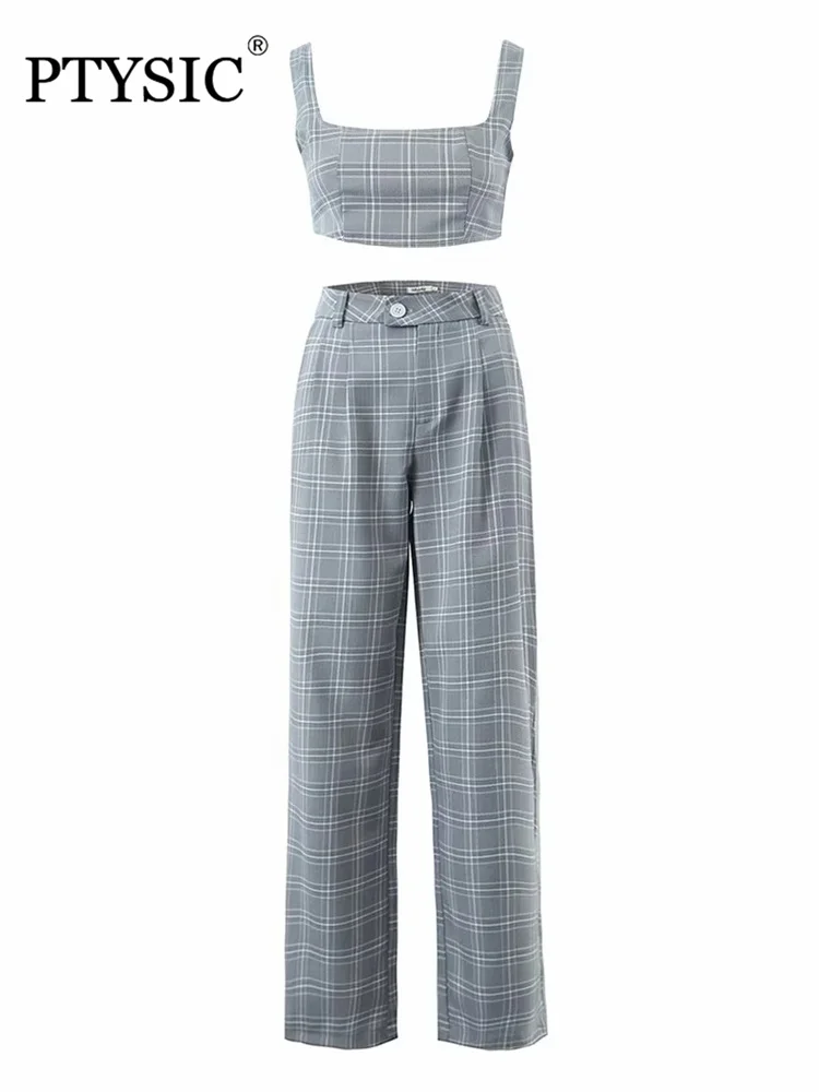 

PTYSIC Women Sexy Set Plaid Cropped Tanks + High Waist Long Pants 2 PCS Sets Casual Girls Streetwear
