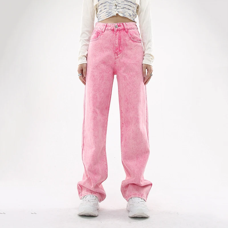 

Ярко-розовые разноцветные джинсы для девушек, женские повседневные свободные прямые джинсовые брюки, женские широкие брюки Y2k