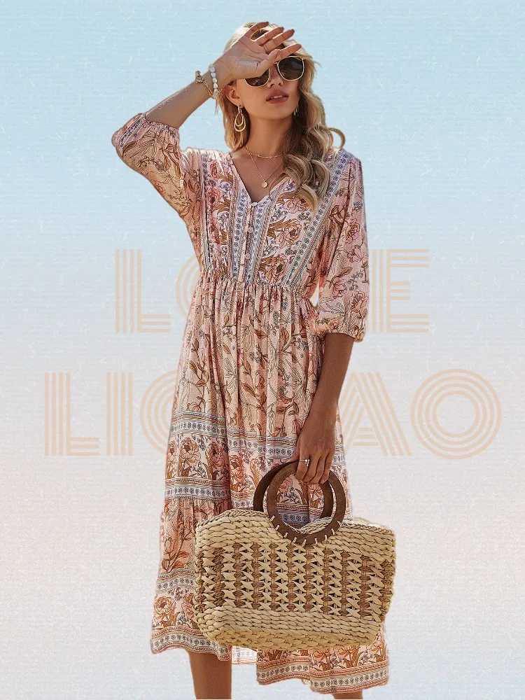 

Женское шифоновое платье-трапеция с цветочным принтом, V-образным вырезом и рукавом «Бишоп»