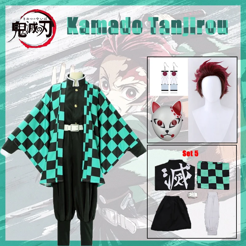 

Demon Slayer Kamado Tanjirou Costume Katana Sword Props Mask Anime Clothes Eardrop Uniform Set