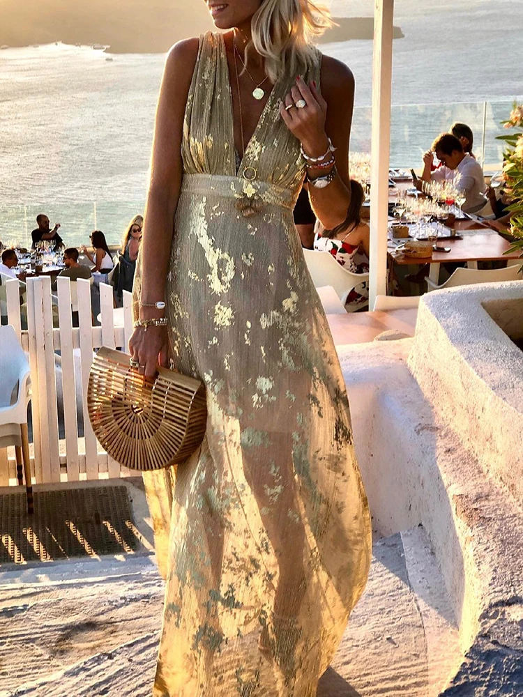 

Fashion Deep V Neck Boho Party Dress Women Elegant Gold Stamping Off Shoulder Long Dress Summer Casual Sleeveless Beach Dresses