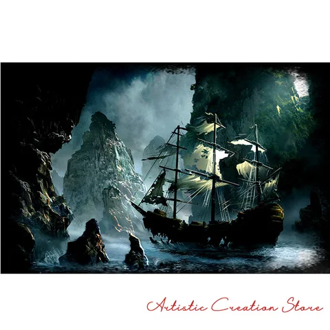 Винтажный пиратский корабль, черный парусный корабль, планшетофон, плакаты и принты, фрески для скандинавской гостиной, домашний декор