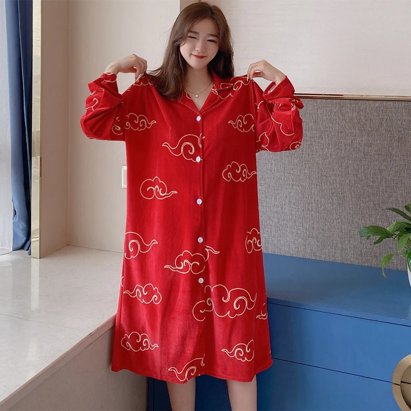 Spring Women Girl Fashion Velvet Pajamas Dress Clouds Print Sleep Wear