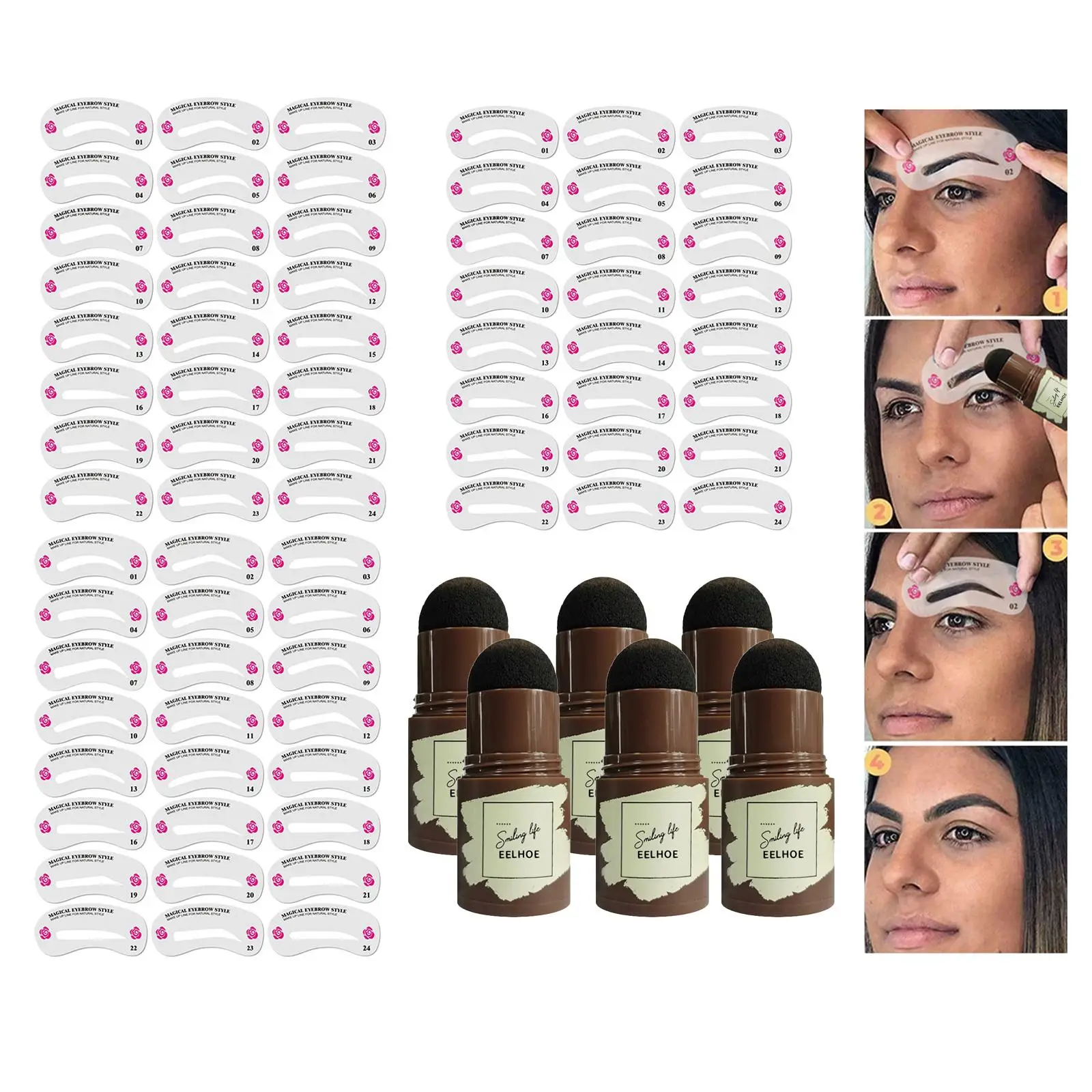 

One Step Eyebrow Stamp Kit, Makeup w/ Reusable Eyebrow Stencils, Long Lasting Buildable Hairline Shadow Powder Stick Tools