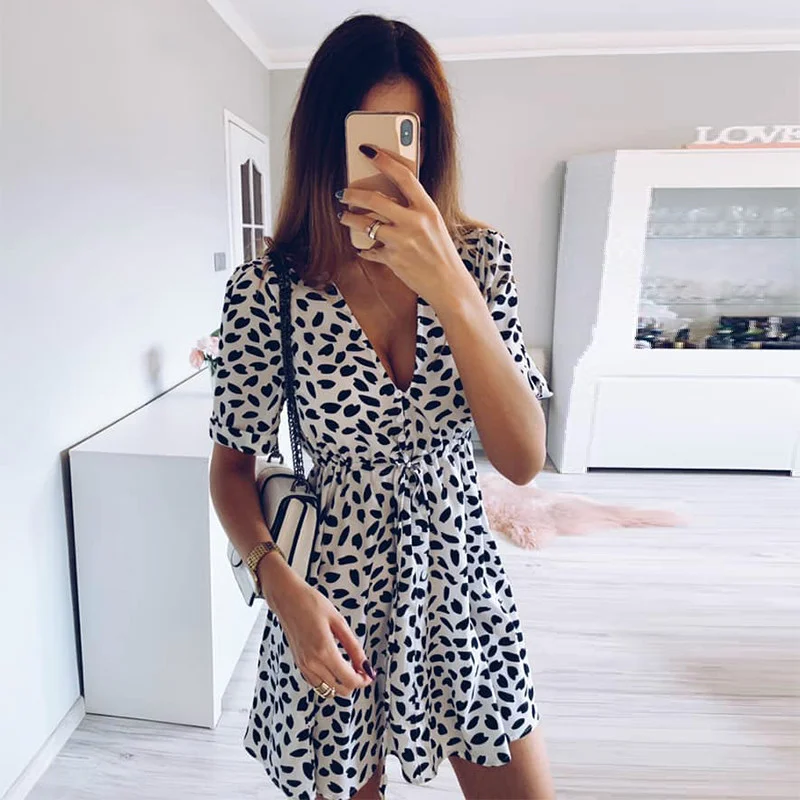 

White Sand Spot Mini Summer Dresses Women V Neck Casual Beach Sundress Sexy Botton Wrap Bodycon Dress Female Y2k Print Vestidos