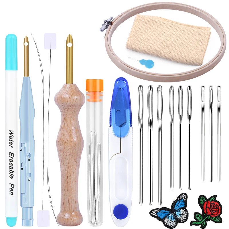 

RORGETO Embroidery Cross Stitch Kits Hoop Frame Needlework Punch Needle Embroidery Cloth Yarn Scissors Threader DIY Craft Tools