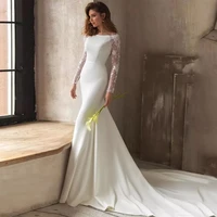 lace long sleeve mermaid wedding dresses 2022 boat neck gorgeous bridal gown for women sexy open back satin button sweeptrain