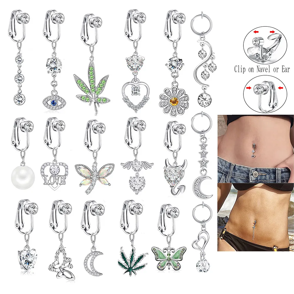 Stainless Steel Fake Belly Ring Butterfly Dangling Long Fake Belly Piercing Clip Umbilical Navel Belly Non Piercing Body Jewelry