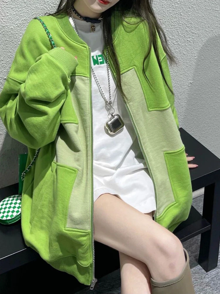 

Женский кардиган в американском стиле, Весенняя зеленая Толстовка Оверсайз с перекрестными узорами, пальто на молнии с фруктами зеленого ц...